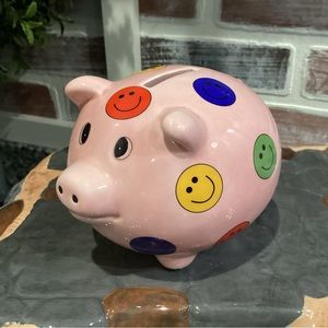Pink Piggy Coin Bank with Smiley Faces - Gently Used - Cute - Ceramic Crafted